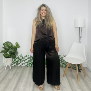 Pantalón satinado pinza marrón